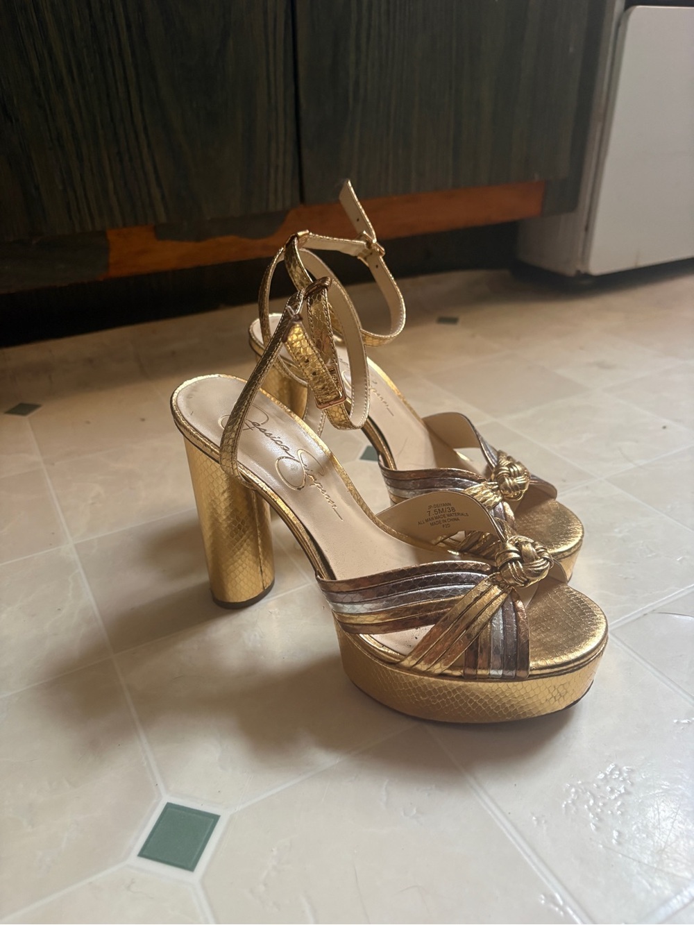 Jessica Simpson Gold Metallic Platform Ankle-Strap Heels